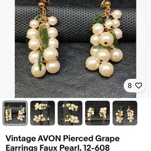 AVON Gold-Tone Faux Pearl Grape Cluster Earrings with Green Leaves